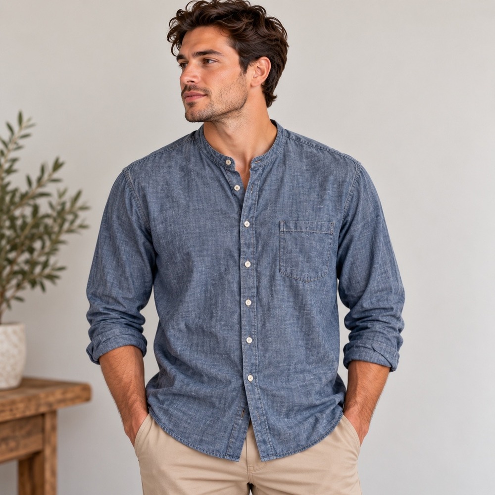 J.Crew Mens Chambray Band Collar Shirt XL Blue Cotton Long Sleeve Old Money